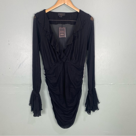 Michael Costello Revolve Mavis Mini Dress Sheer Ruffle Long Sleeve Black Sz M - Picture 2 of 5